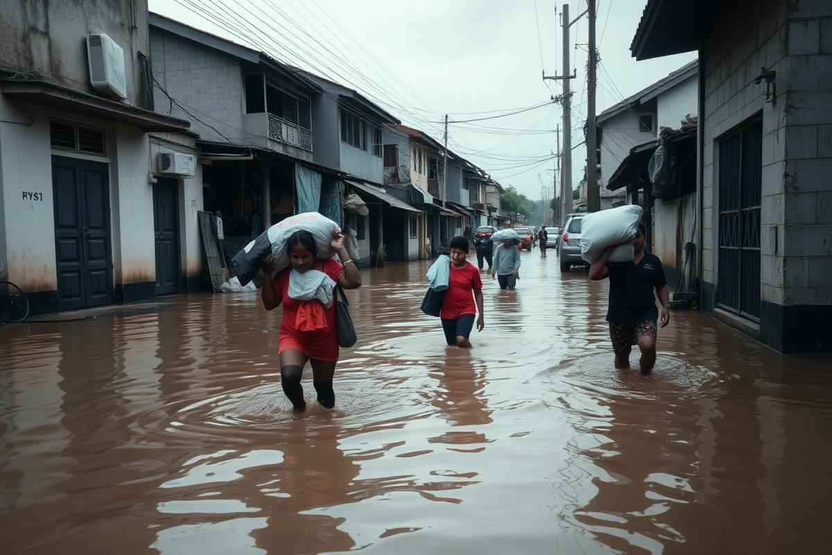 Warga berjalan menembus banjir cokelat sambil memanggul barang di sebuah gang permukiman