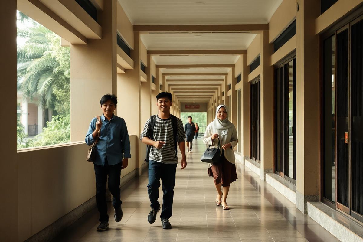 Suasana koridor sekolah dengan siswa berjalan menuju kelas