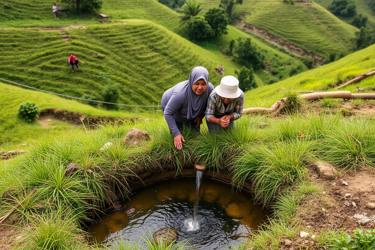 Dua perempuan penghayat merawat sumber mata air di lembah hijau